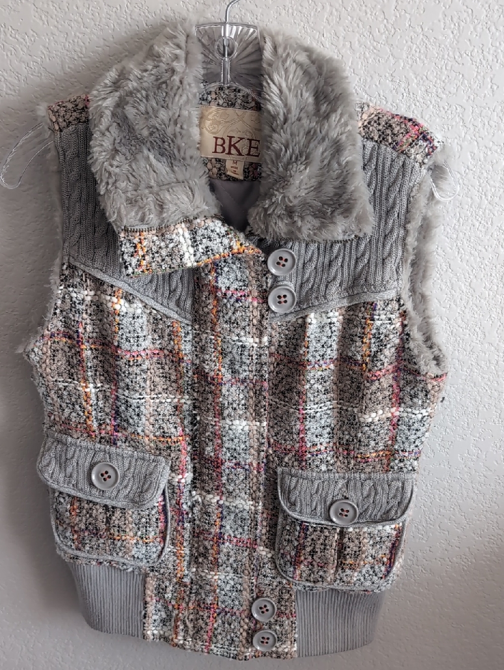 BKE Grey Plaid Faux Fur-Trim Vest With Bright Accents
